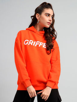 Griffel - Women Oversized Fit Orange Cotton Front Logo Fleece Hooded Sweatshirt
