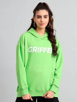 Griffel - Women Oversized Fit Parrot Cotton Front Logo Fleece Hooded Sweatshirt