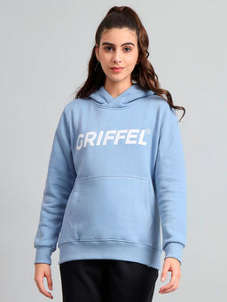 Griffel - Women Regular Fit Sky Blue Cotton Front Logo Fleece Hooded Sweatshirt