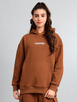 Griffel - Womens Brown Front Logo Oversized Fleece Hooded Sweatshirt