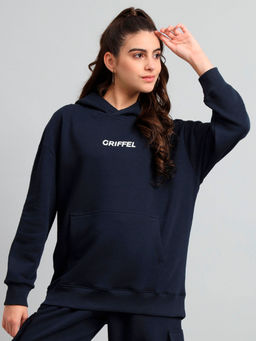 Griffel - Womens Navy Front Logo Oversized Fleece Hooded Sweatshirt