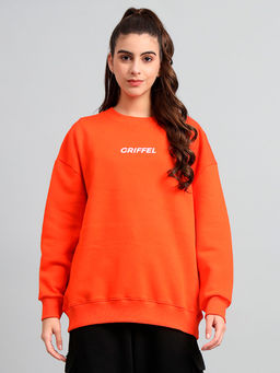Griffel - Womens Orange Front Logo Oversized Round Neck Cotton Fleece Sweatshirt