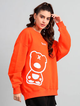 Griffel - Womens Orange Teddy Print Oversized Round Neck Cotton Fleece Sweatshirt