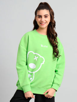 Griffel - Womens Parrot Teddy Print Oversized Round Neck Cotton Fleece Sweatshirt