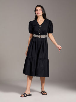 Twenty Dresses by Nykaa Fashion - Black Solid Puff Sleeves Fit and Flare Midi Dress (Set of 2)