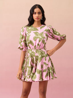 RSVP by Nykaa Fashion - Pink and Green Floral Round Neck Short Puff Sleeves Mini Dress