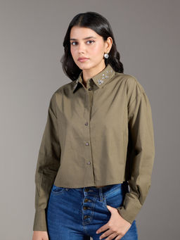 Twenty Dresses by Nykaa Fashion - Olive Green Embellished Collar Full Sleeves Straight Shirt