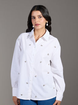 Twenty Dresses by Nykaa Fashion - White Studded Full Sleeves Straight Fit Shirt