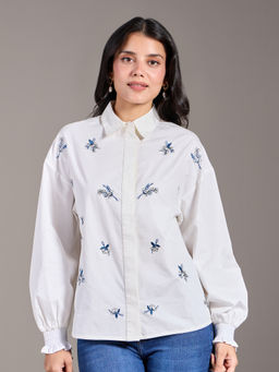 Twenty Dresses by Nykaa Fashion - White Embroidered Full Sleeves Straight Fit Shirt