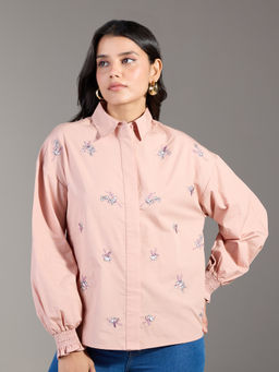Twenty Dresses by Nykaa Fashion - Blush Pink Embroidered Full Sleeves Straight Fit Shirt