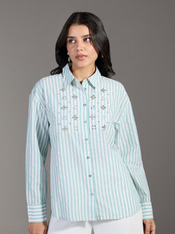 Twenty Dresses by Nykaa Fashion - Green and White Striped Full Sleeves Straight Fit Shirt