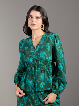 Twenty Dresses by Nykaa Fashion - Green Floral Print Full Sleeves Peplum Top