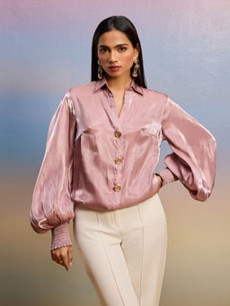 RSVP by Nykaa Fashion - Pink Solid Collar Neck Full Bishop Sleeves Top