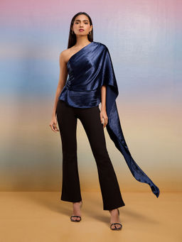 RSVP by Nykaa Fashion - Navy Blue Solid One Shoulder Waterfall Sleeve Top
