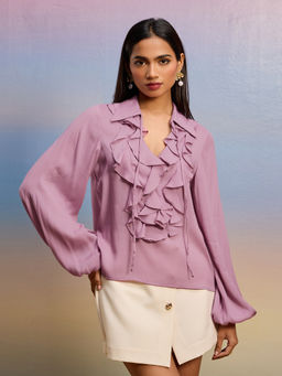 RSVP by Nykaa Fashion - Pink Solid Collar Neck Full Puff Sleeves Top