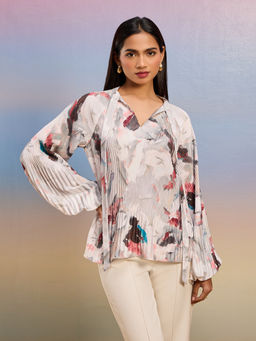 RSVP by Nykaa Fashion - Grey Abstract Printed Pleated Full Bishop Sleeves Top