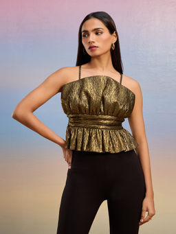 RSVP by Nykaa Fashion - Dull Gold Textured Strappy Gathered Crop Top
