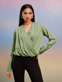 RSVP by Nykaa Fashion - Green Solid V Neck Full Sleeves Wrap Top
