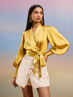 RSVP by Nykaa Fashion - Yellow Solid Lapel Collar Wrap Crop Top