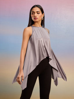 RSVP by Nykaa Fashion - Grey Solid Sleeveless Round Neck Asymmetric Back Slit Top