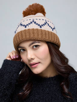 Twenty Dresses by Nykaa Fashion - Brown Geometric Pom Pom Detail Winter Beanie For Women