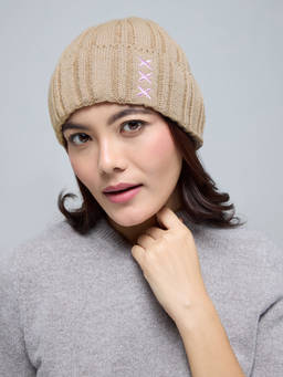 Twenty Dresses by Nykaa Fashion - Beige Solid Cross Stitch Detail Winter Beanie For Women
