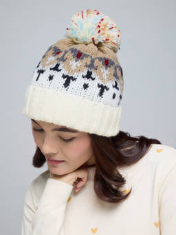 Twenty Dresses by Nykaa Fashion - Off White Aztec Pattern Pom Pom Detail Women's Winter Beanie
