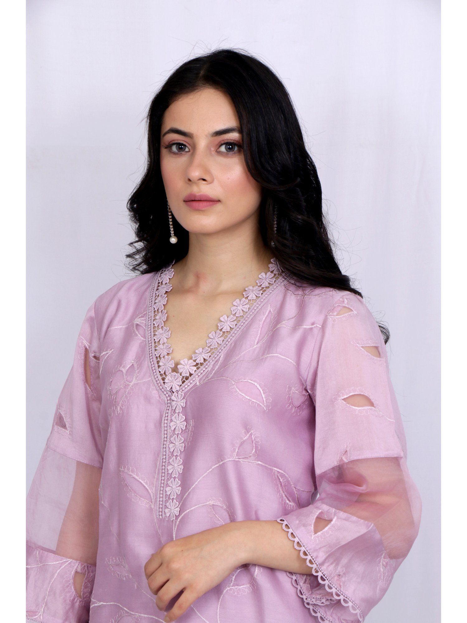 Buy ewaz Lilac Floral Embroidery Short Shirt Bell Bottom Online