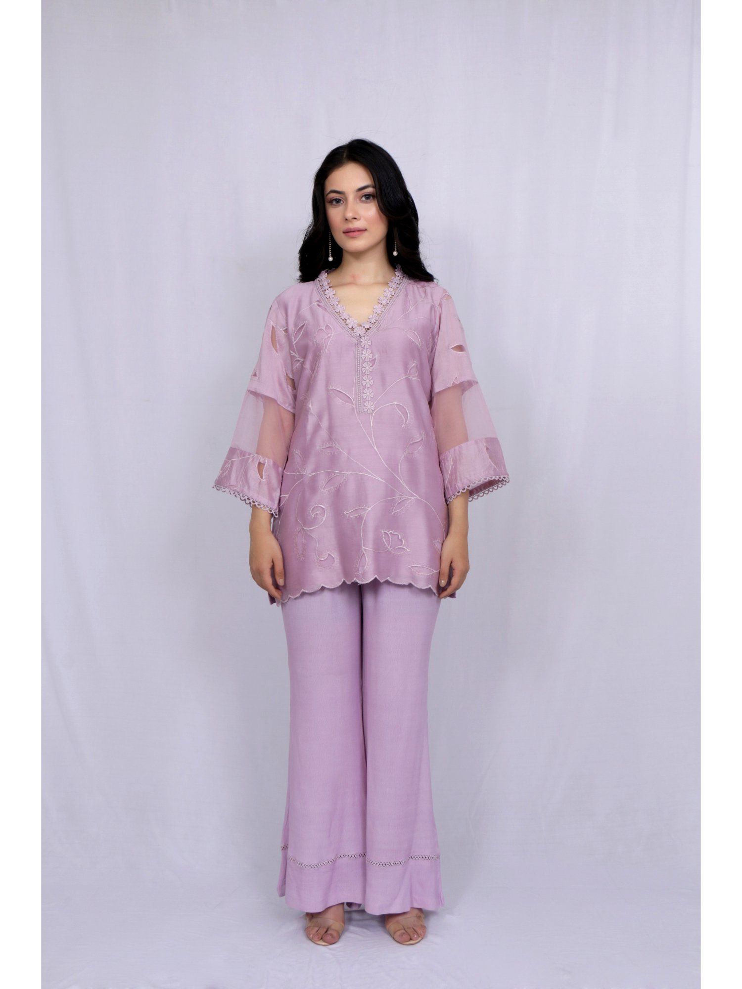 Buy ewaz Lilac Floral Embroidery Short Shirt Bell Bottom Online