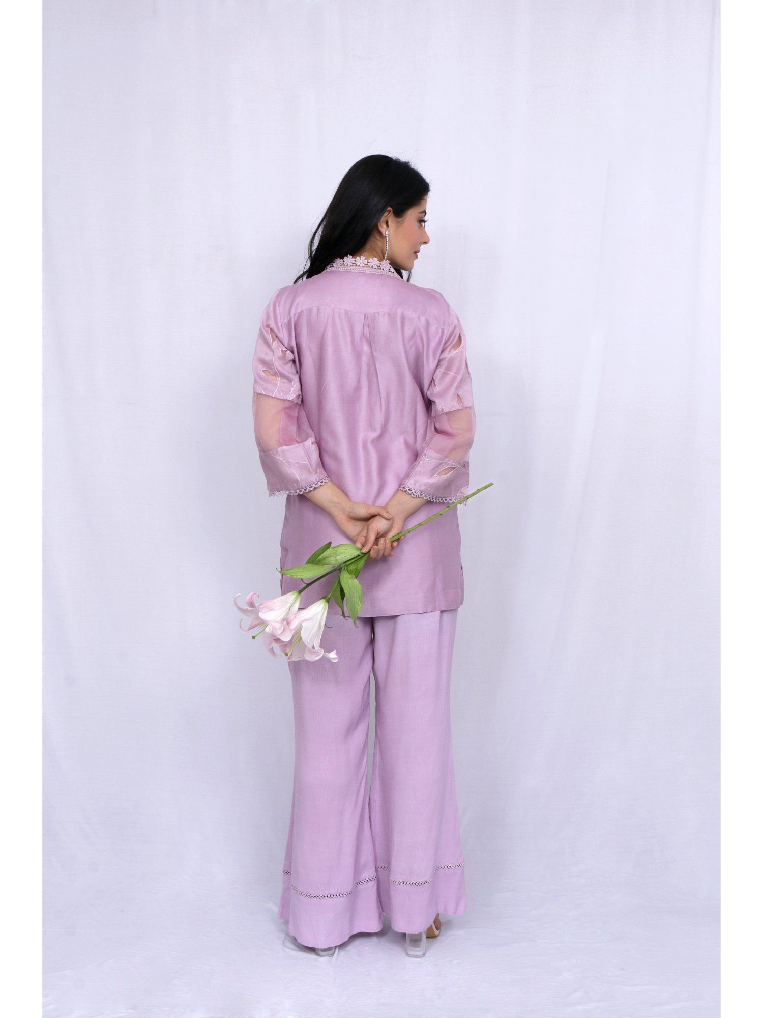Buy ewaz Lilac Floral Embroidery Short Shirt Bell Bottom Online