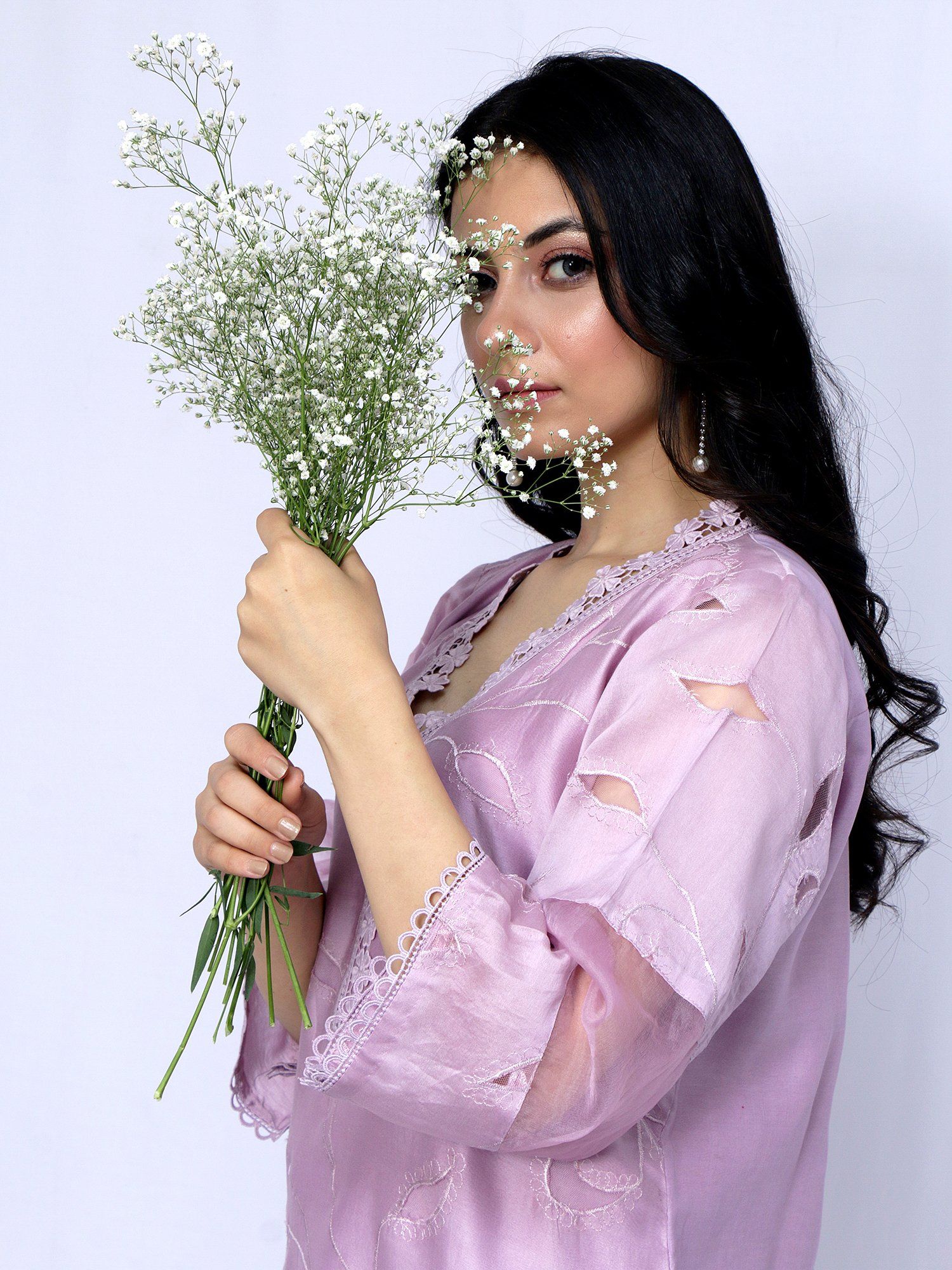 Buy ewaz Lilac Floral Embroidery Short Shirt Bell Bottom Online