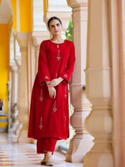 Gillori - Red Velvet Embroidered Kurta with Palazzo (Set of 2)