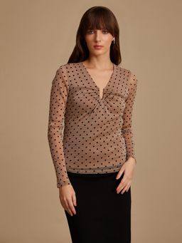 Kazo - Dottie Polka Textured Top Beige