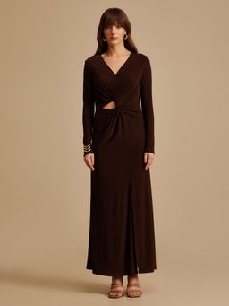 Kazo - Denice Brown Solid Maxi Dress