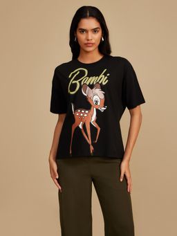 Kazo - Disney Bambi Glitter Print T-Shirt Black