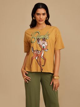Kazo - Disney Bambi Glitter Print T-Shirt Mustard