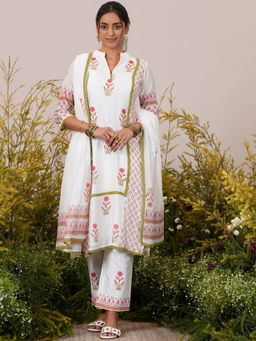 Libas - Womens White Floral Kurta with Pant and Dupatta (Set of 3)
