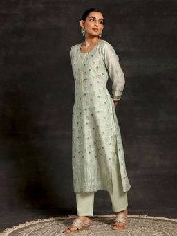 Libas - Womens Green Floral Kurta with Pant and Dupatta (Set of 3)