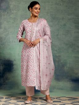 Libas - Womens Lavender Floral Kurta with Pant and Dupatta (Set of 3)