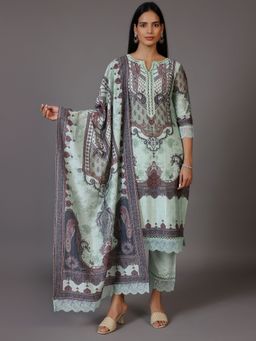 Libas - Womens Turquoise Printed Kurta with Pant and Dupatta (Set of 3)