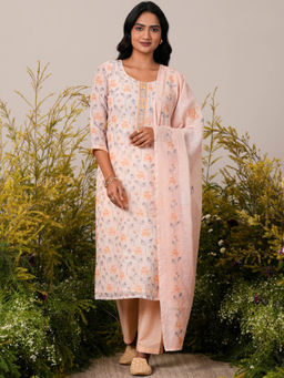 Libas - Womens Peach Floral Kurta with Pant and Dupatta (Set of 3)