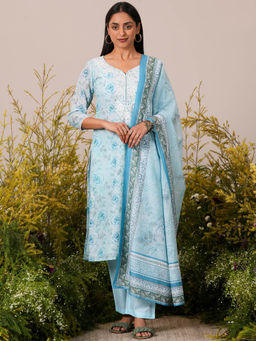 Libas - Womens Blue Floral Kurta with Pant and Dupatta (Set of 3)