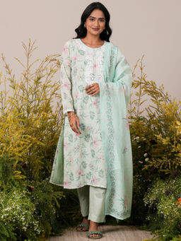 Libas - Womens Green Floral Kurta with Pant and Dupatta (Set of 3)