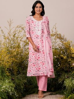 Libas - Womens Pink Floral Kurta with Pant and Dupatta (Set of 3)