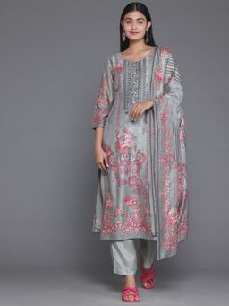 Libas - Womens Grey Printed Kurta with Pant and Dupatta (Set of 3)