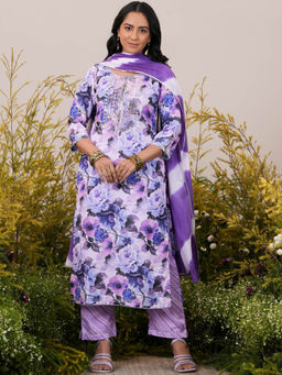 Libas - Womens Lavender Floral Kurta with Pant and Dupatta (Set of 3)