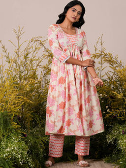 Libas - Womens Off White Floral Anarkali Kurta with Pant (Set of 2)