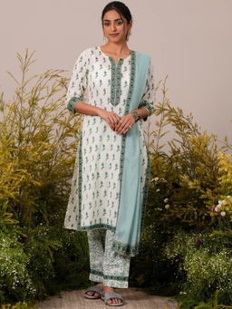 Libas - Womens Off White Floral Kurta with Pant and Dupatta (Set of 3)