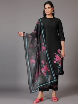 Libas - Womens Black Floral Kurta with Pant and Dupatta (Set of 3)