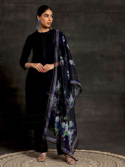Libas - Womens Black Printed Kurta with Pant and Dupatta (Set of 3)